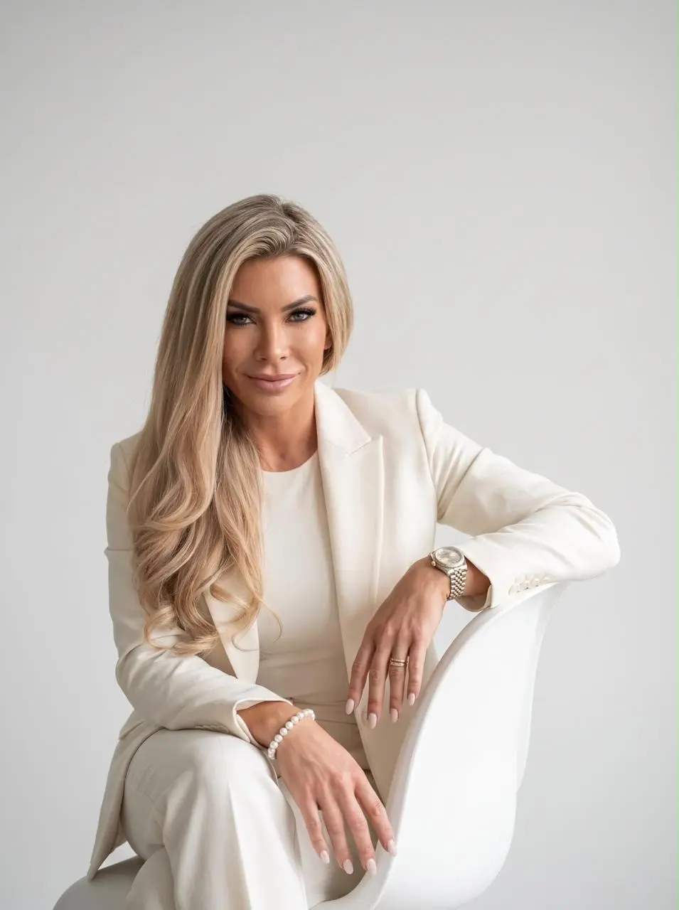 Brunna Caramori de roupa branca, sentada em uma cadeira em ambiente claro.